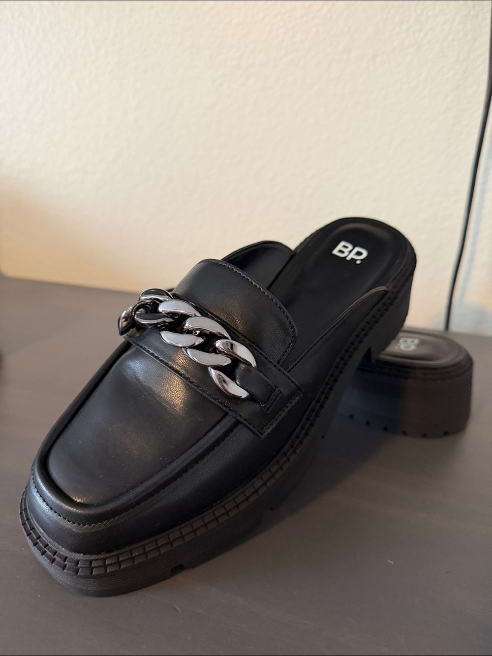 Nordstrom Black Faux-Leather Chain-Trim Slide Mules
